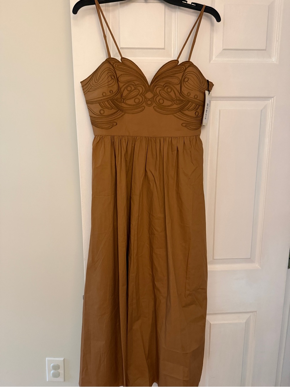 Bash Romi Midi Dress- Spaghetti Strap Brown Embroidered